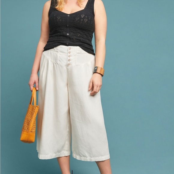 Anthropologie Oceanside wide leg cropped pants cream Small beachy coastal boho - Picture 6 of 15